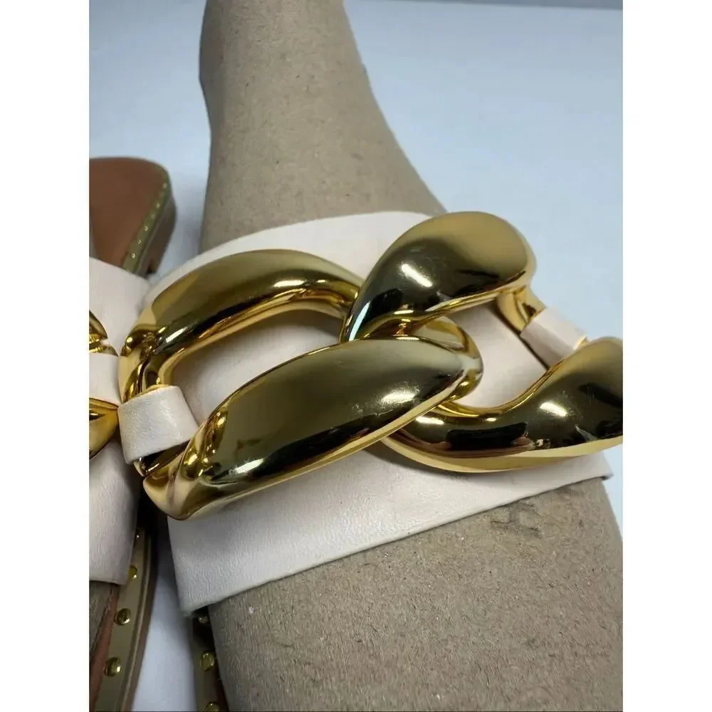 Women's Faux Leather Flat Slippers Metallic Plastic Chains Sandals Sz 38EU/8US
